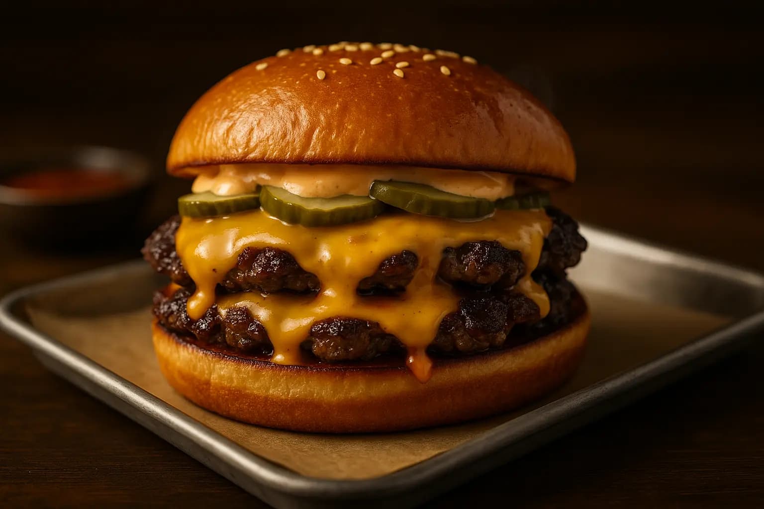 Assembling the smashed burger with cheese, sauce, and pickles