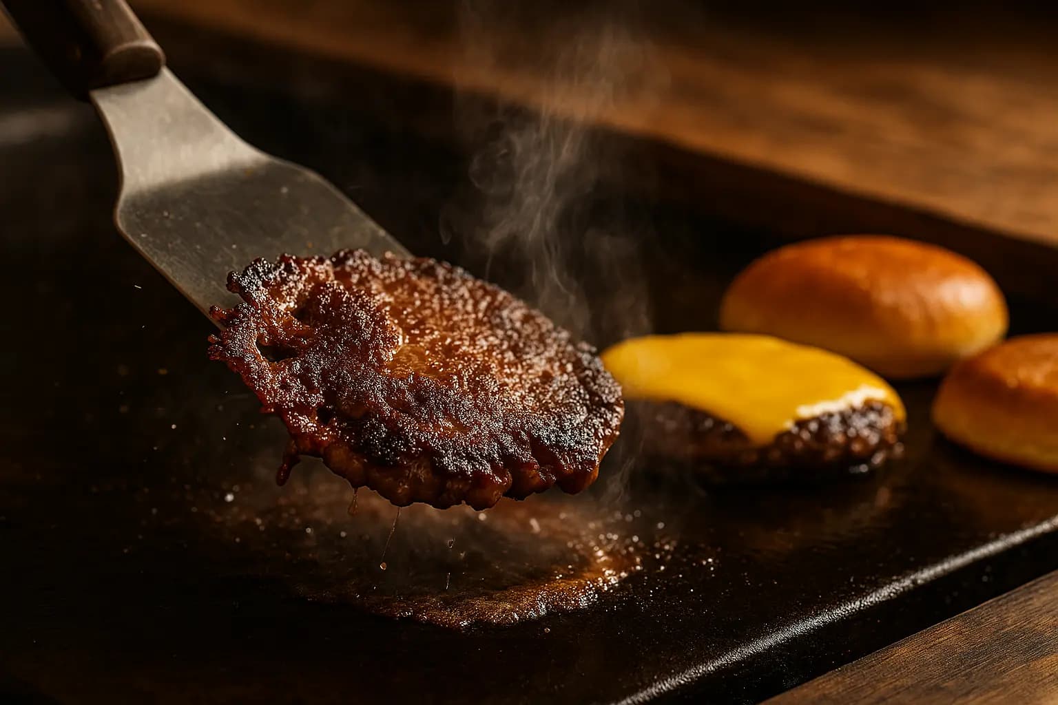 Smashed burger patty flipped on the griddle, showing crust