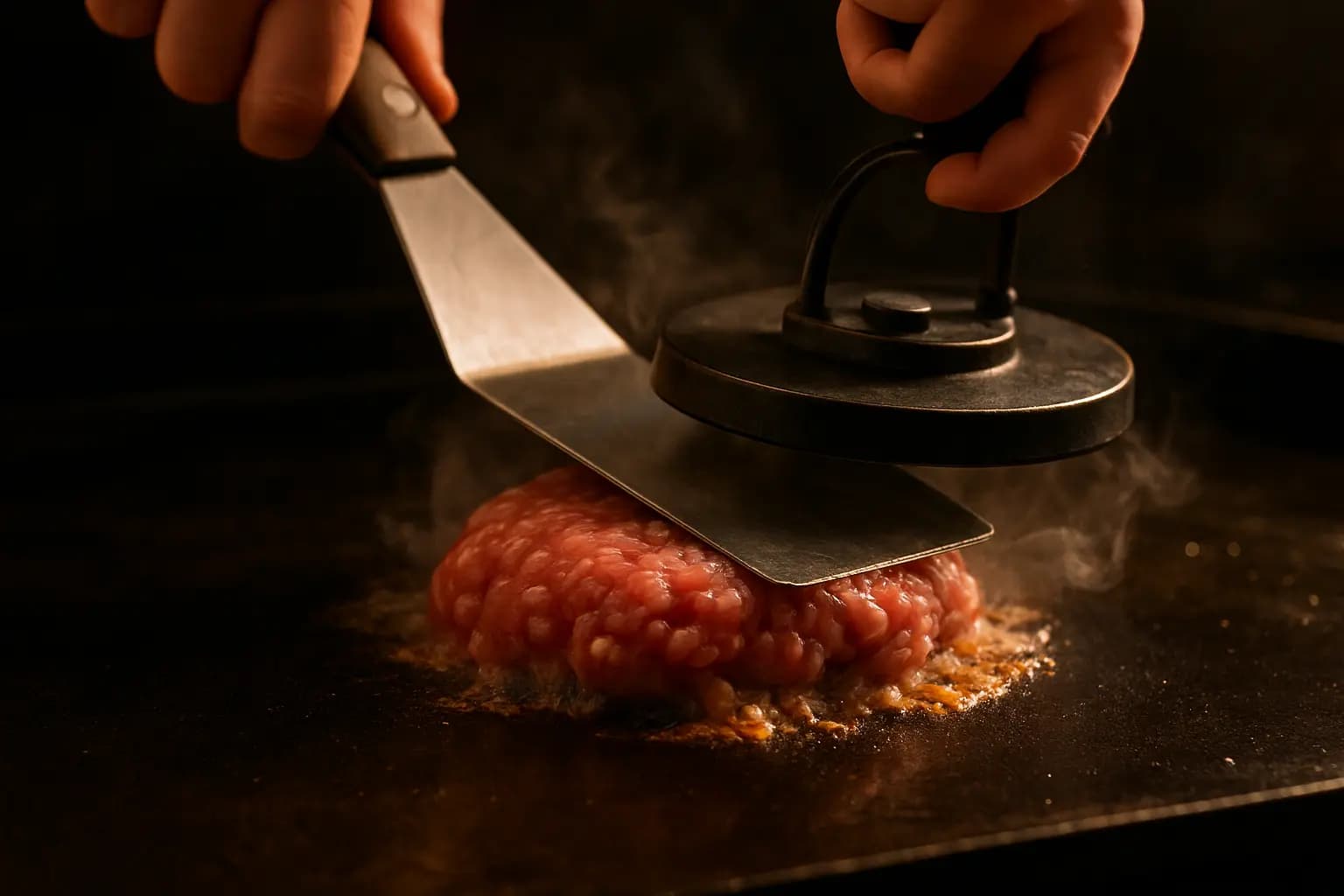Beef patty being smashed on a hot griddle