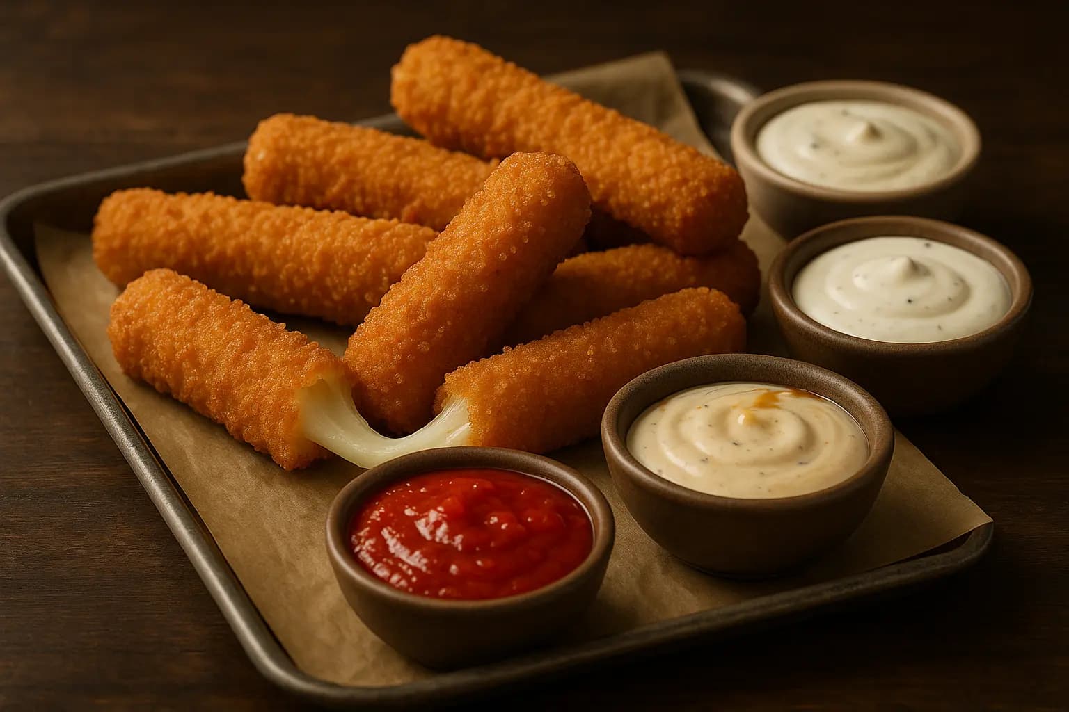 Cheesy stick being dipped into marinara sauce