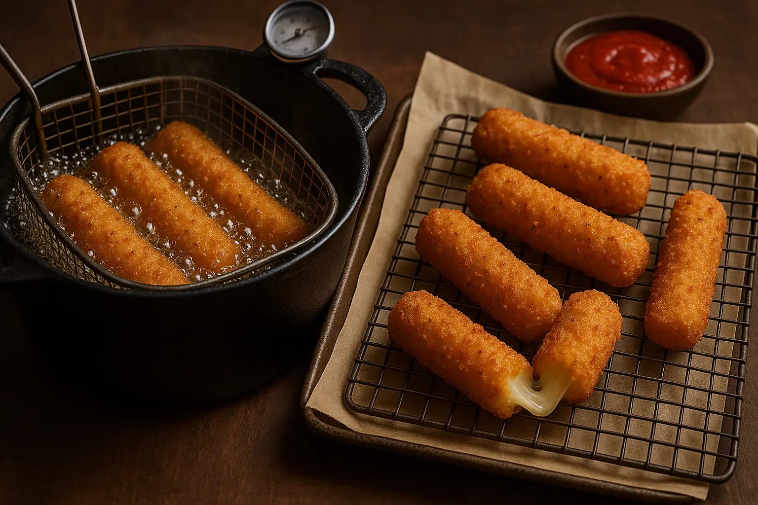 Cheesy sticks frying in hot oil