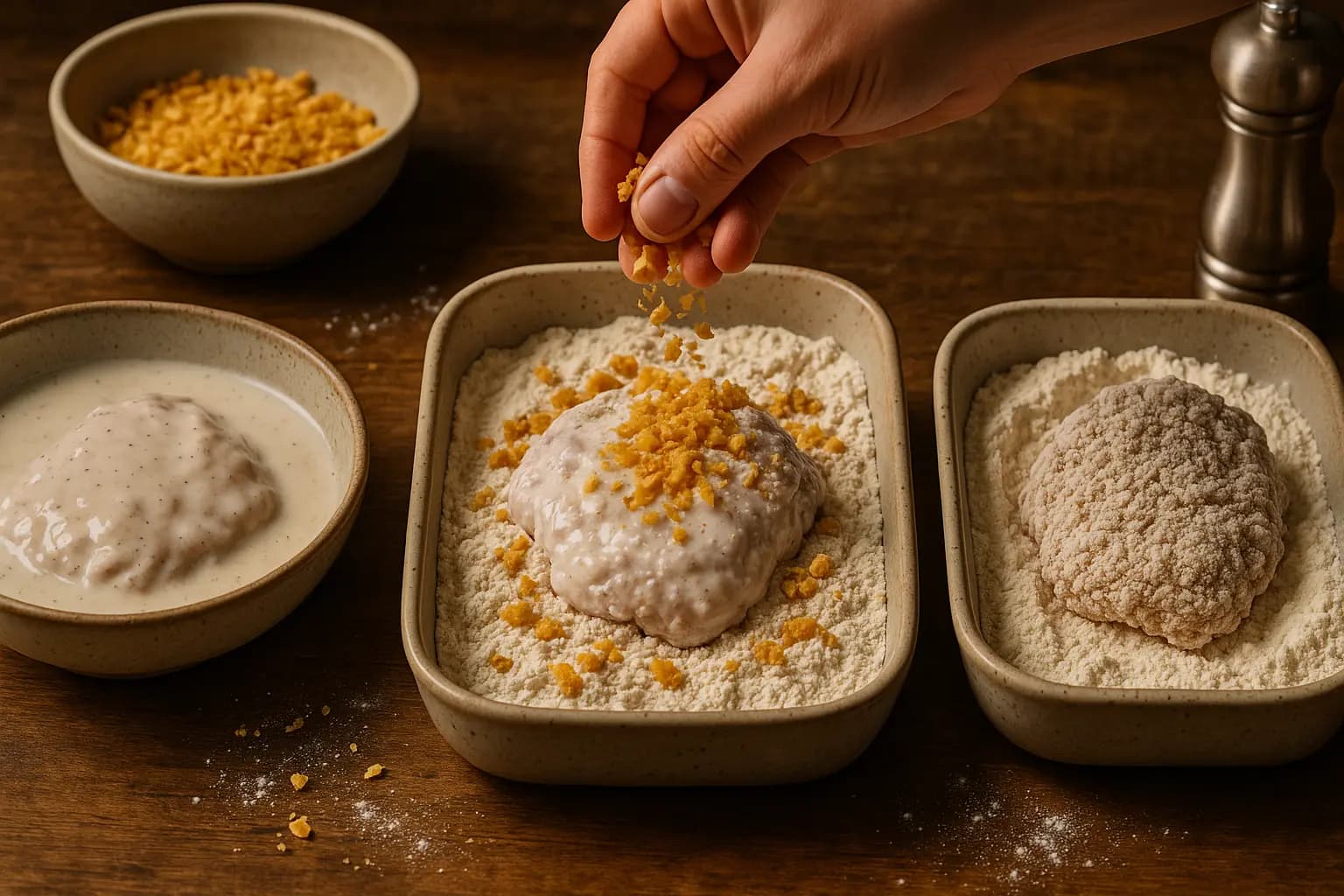 Raw chicken being dredged in flour mixture