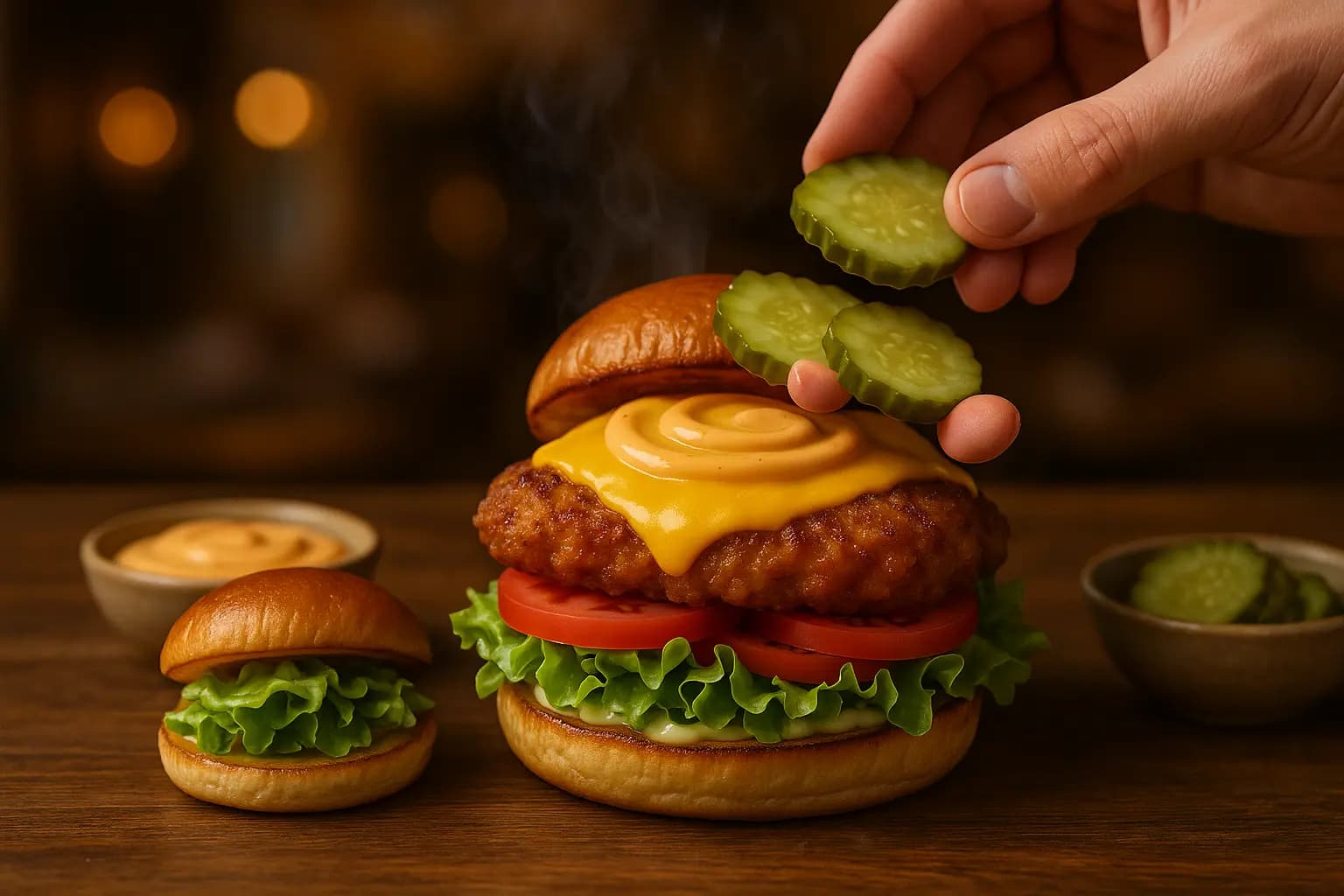 Assembling the chicken burger with sauce and toppings