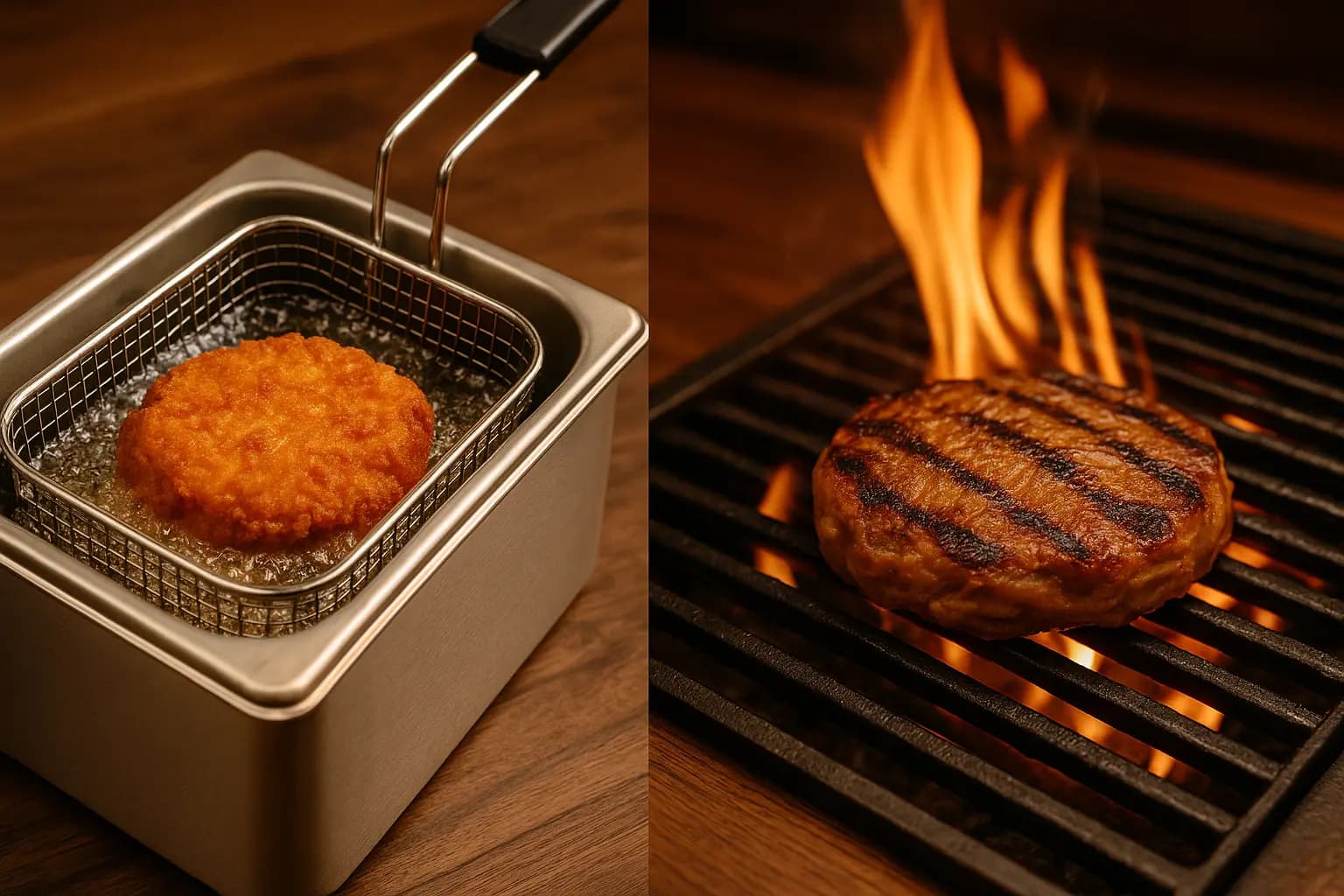 Chicken frying in a deep fryer and grilling on an open flame