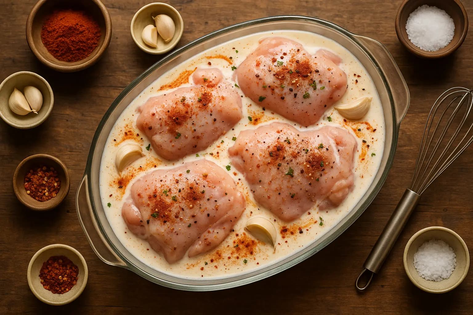 Chicken marinating in buttermilk and spices
