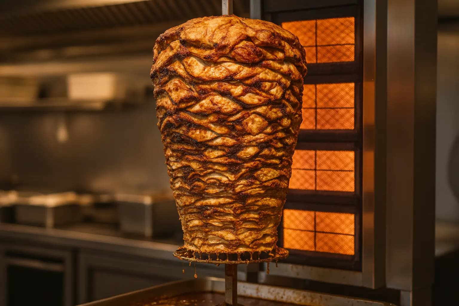 Vertical rotisserie shawarma cone roasting