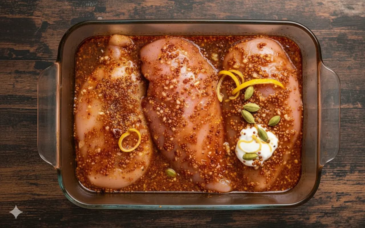 Chicken marinating with spices and yogurt