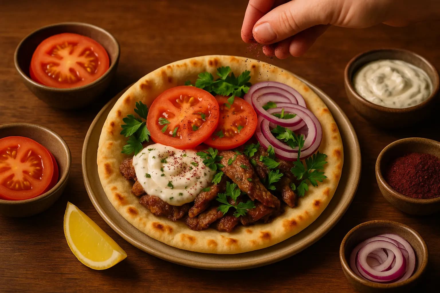 Gyro wrap being assembled with tzatziki and vegetables