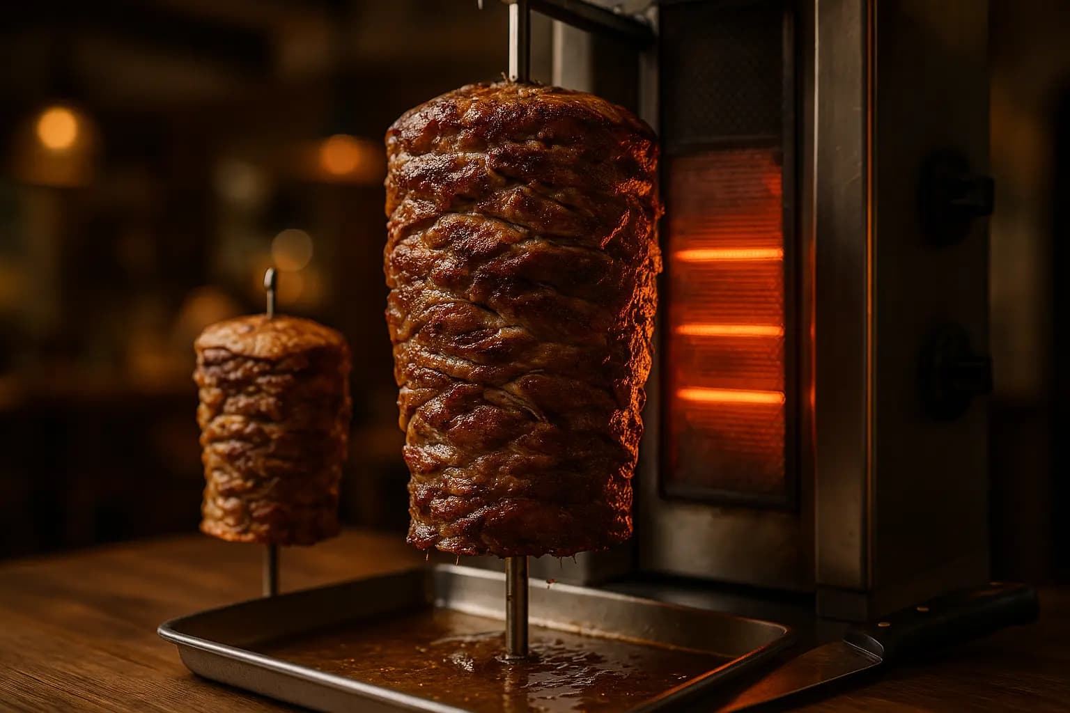 Vertical rotisserie lamb gyro cone roasting