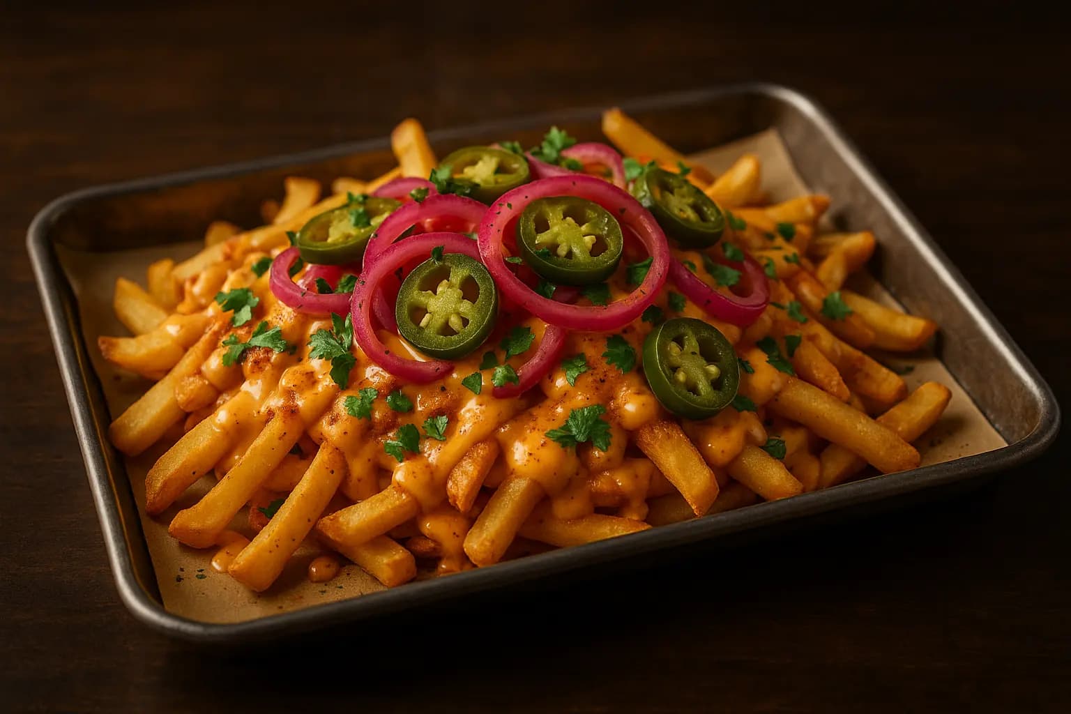 Loaded fries being topped with pickled onions and cilantro