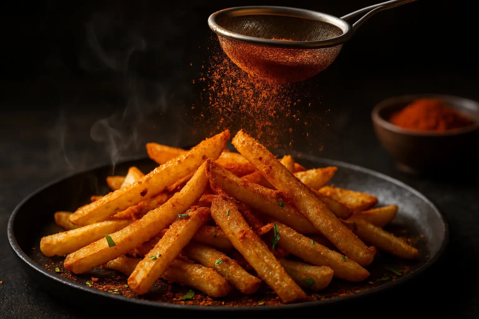 Spices being sprinkled on loaded fries