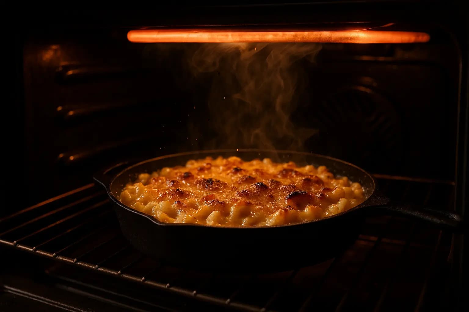 Mac n Cheese bubbling under a broiler