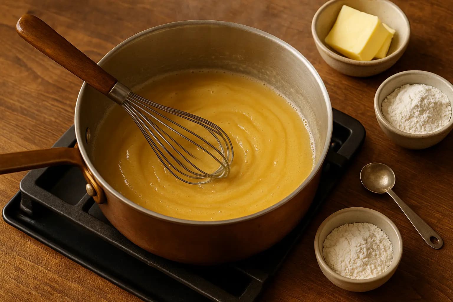 Whisking a roux in a saucepan