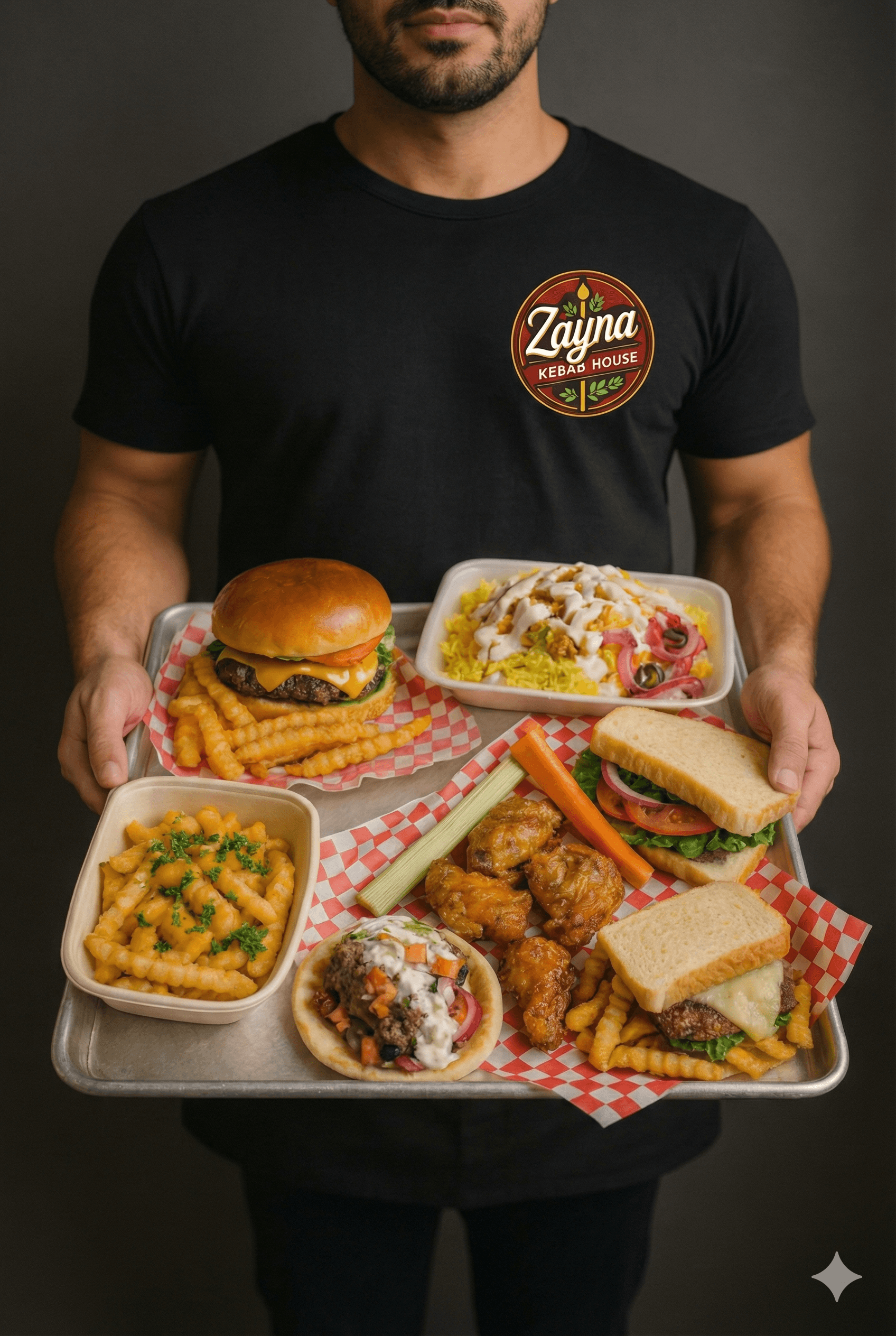 The passionate waiter at Zayna Kebab House holding a platter of food