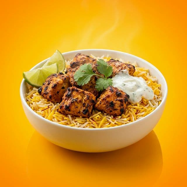 A delicious bowl of Tikka Boti with Rice
