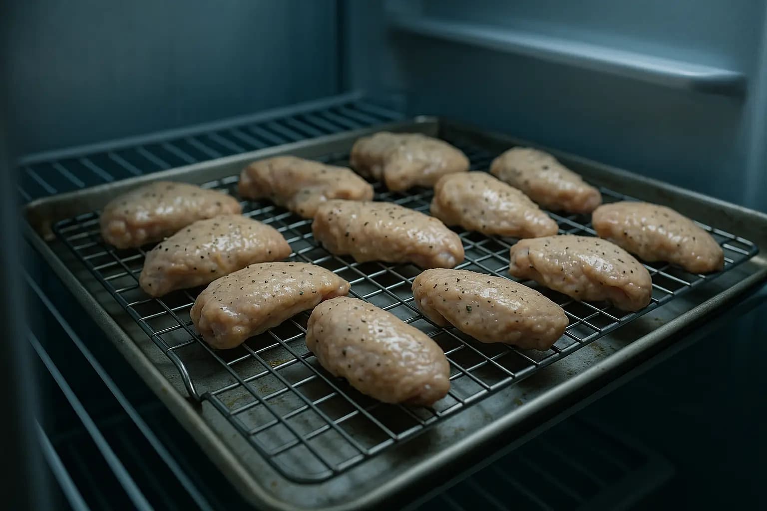 Raw chicken wings drying on a rack