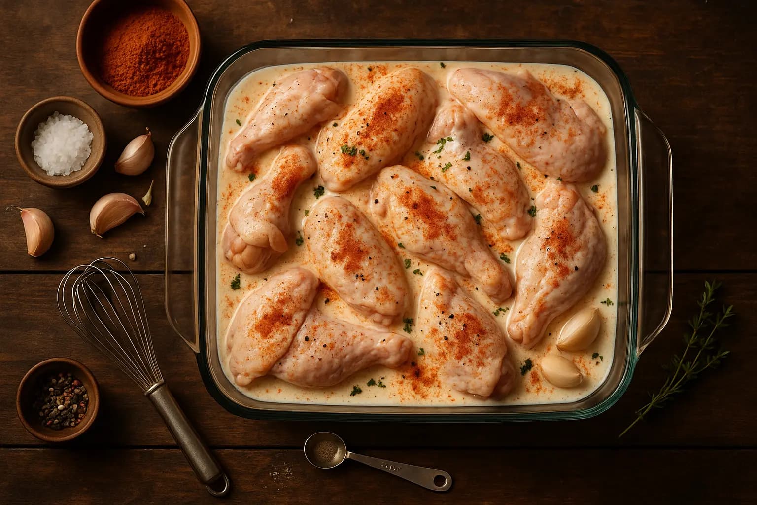 Chicken wings marinating in buttermilk