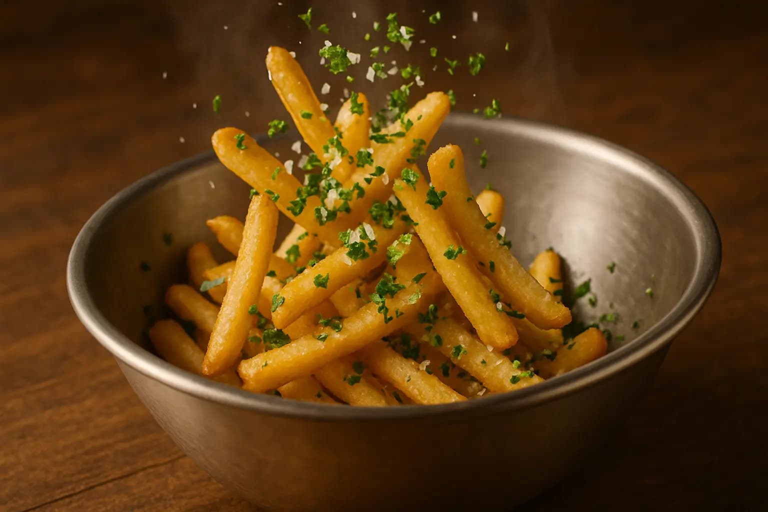 Hot fries being tossed with garlic and parsley