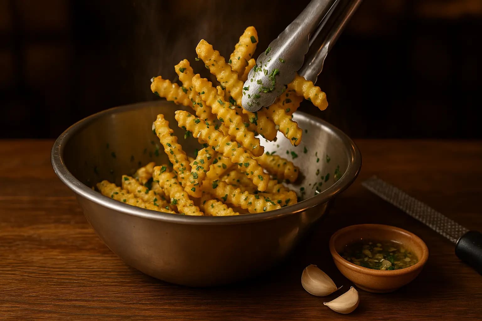 Garlic fries being tossed