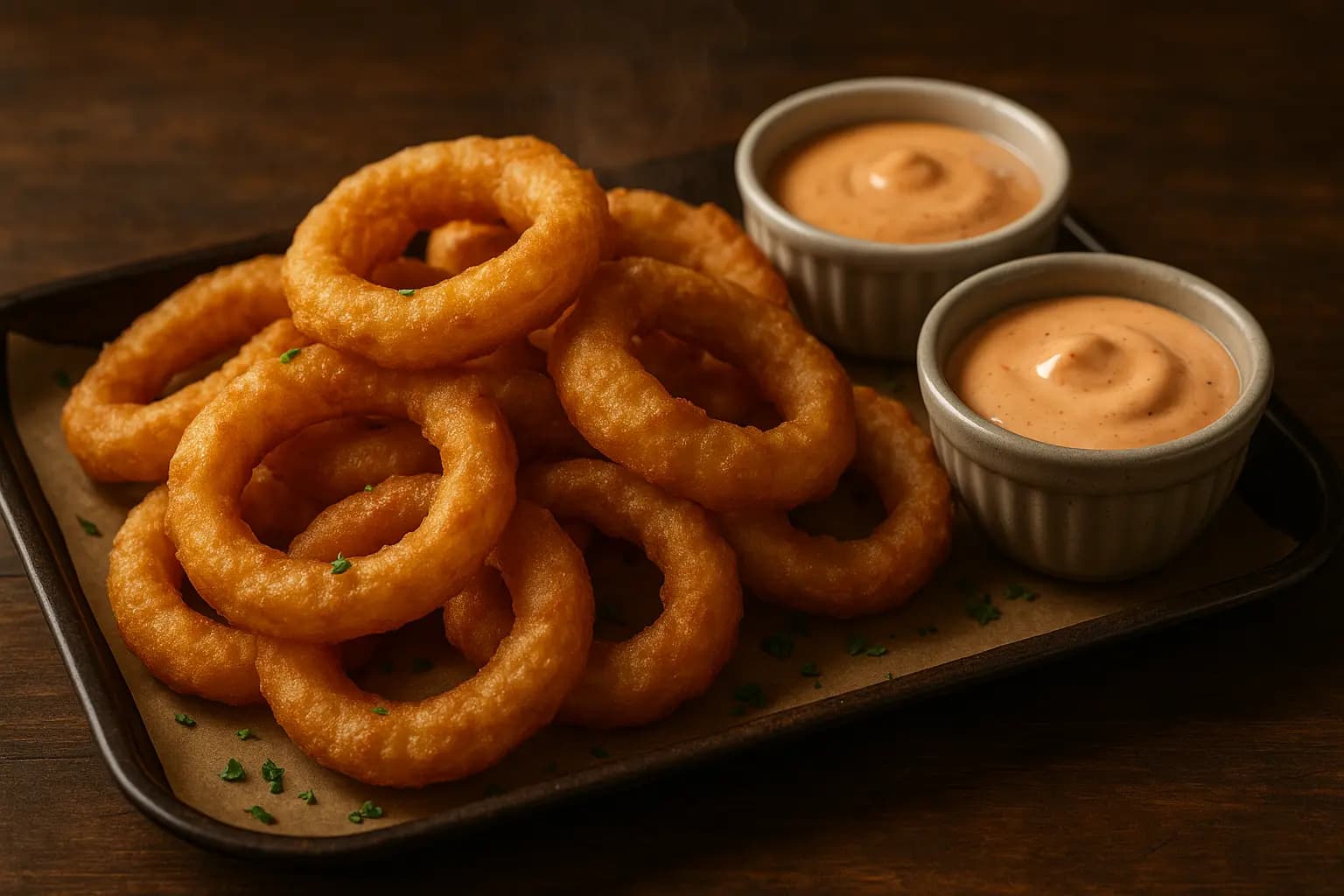 Onion ring being dipped into sauce