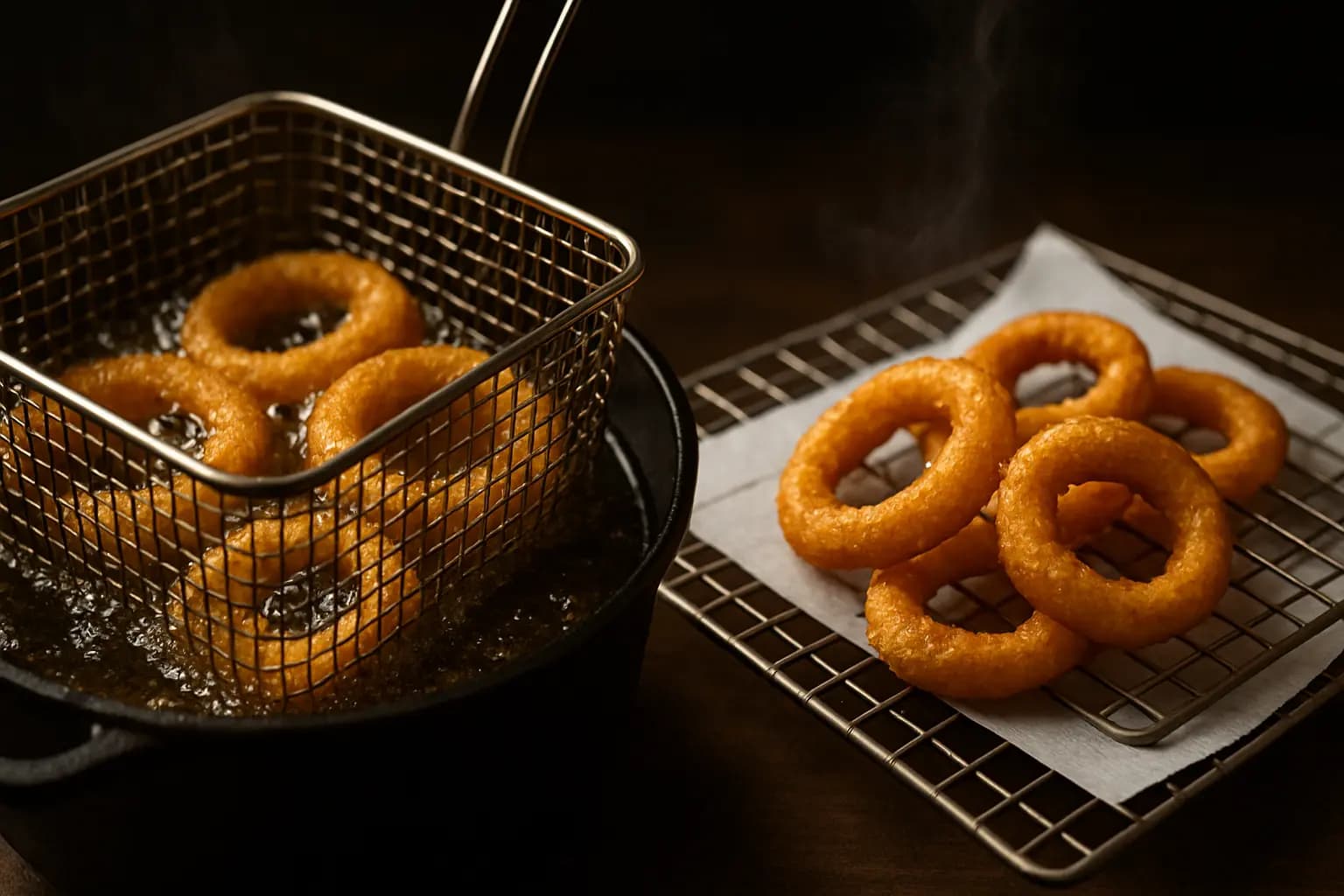 Onion rings frying in hot oil