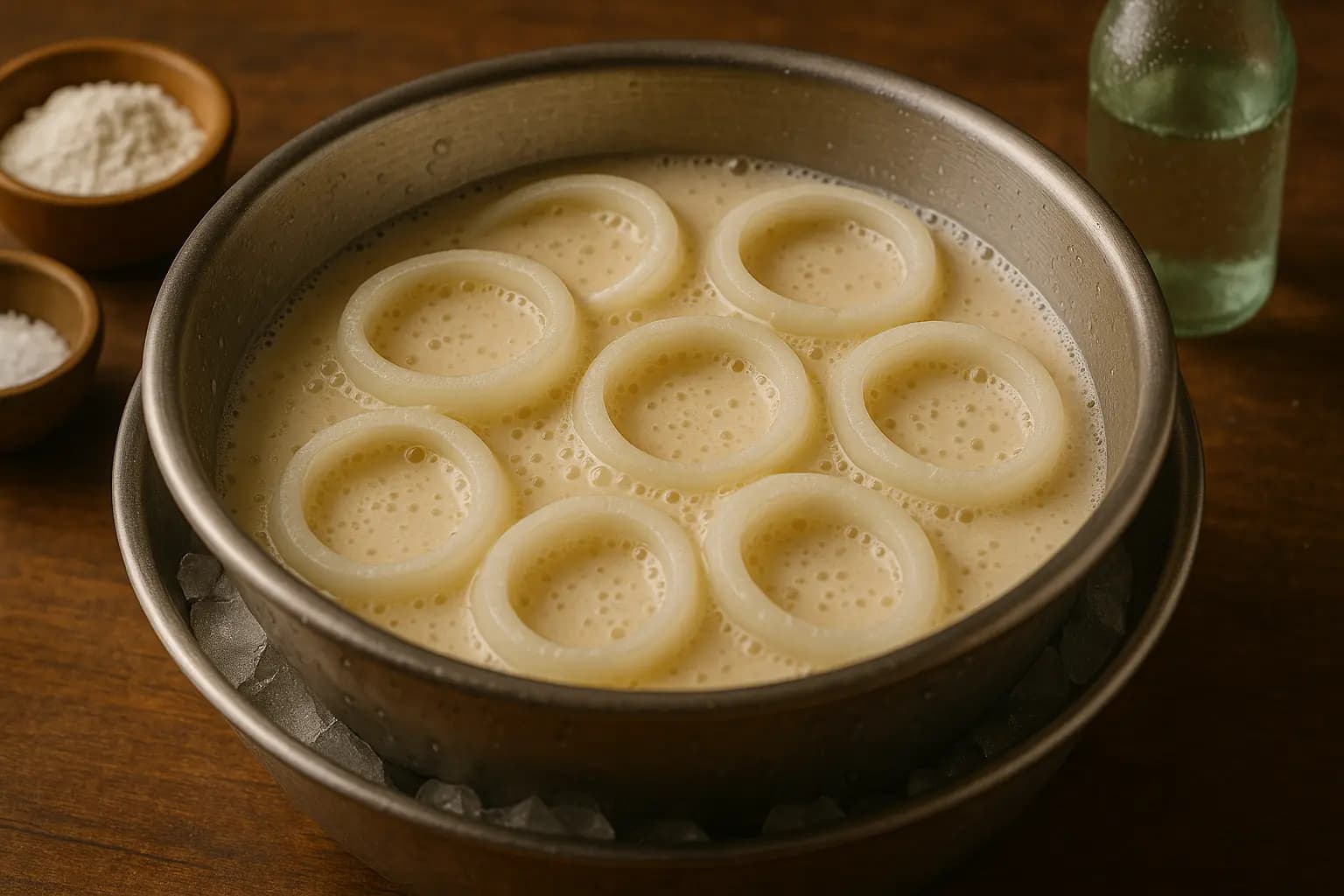 Onion rings being dipped in batter